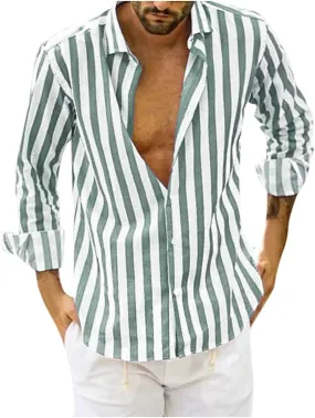 Mens Fashion Striped Shirts Beach Casual Button down Shirts Long Sleeve Dress Shirts Regular Fit Summer Fall Shirts
