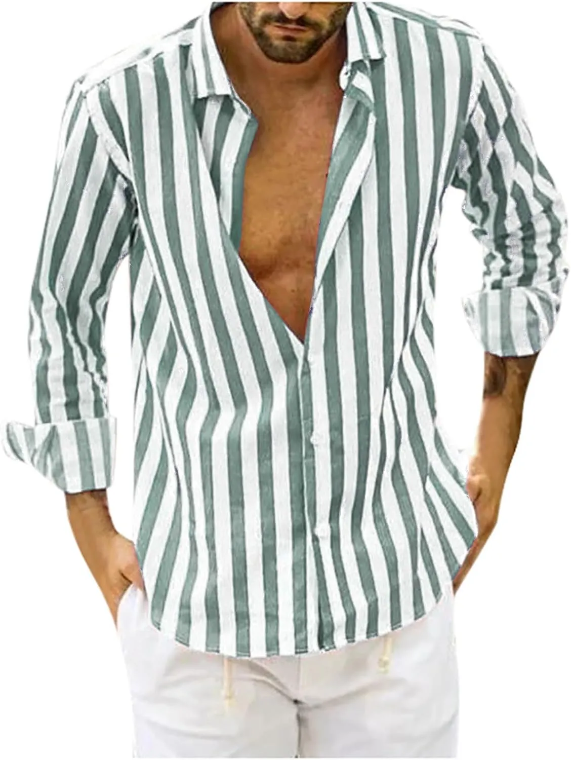 Mens Fashion Striped Shirts Beach Casual Button down Shirts Long Sleeve Dress Shirts Regular Fit Summer Fall Shirts