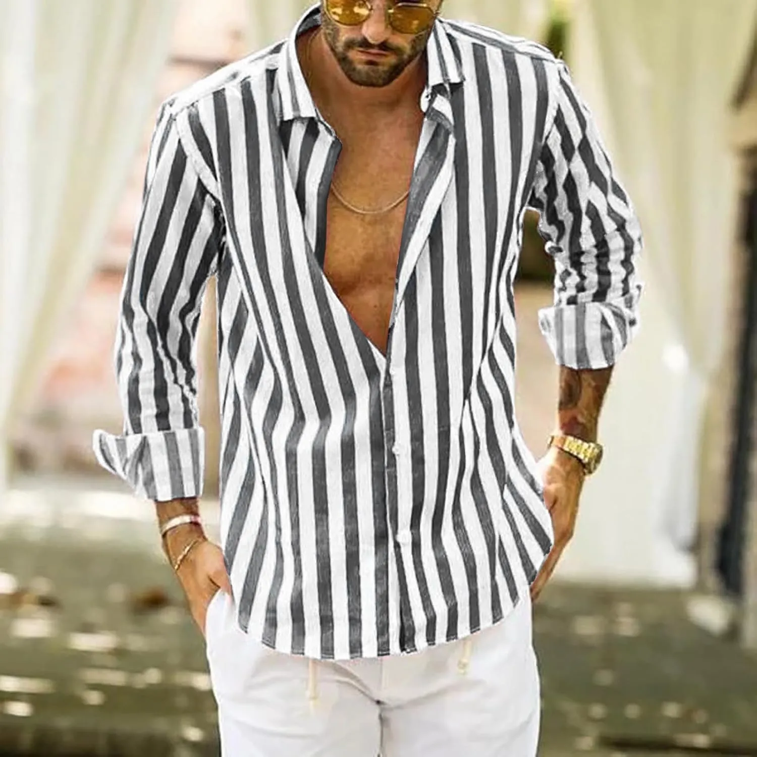 Mens Fashion Striped Shirts Beach Casual Button down Shirts Long Sleeve Dress Shirts Regular Fit Summer Fall Shirts