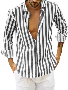 Mens Fashion Striped Shirts Beach Casual Button down Shirts Long Sleeve Dress Shirts Regular Fit Summer Fall Shirts