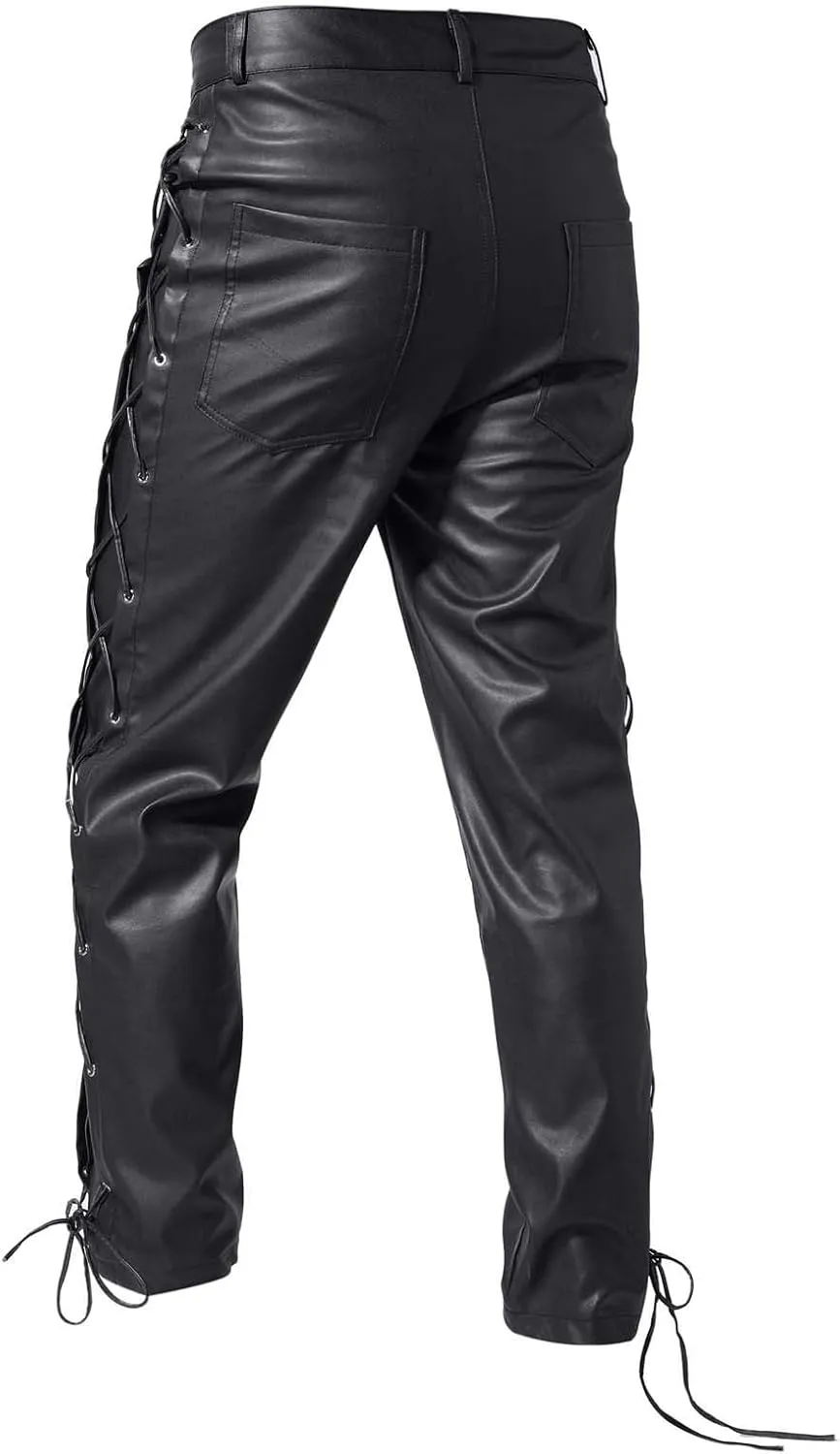 Mens Faux Leather Pants Vintage Classic Steampunk Gothic Motorcycle Pants Renaissance Lace Up 80s Outfits Streetwear