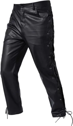 Mens Faux Leather Pants Vintage Classic Steampunk Gothic Motorcycle Pants Renaissance Lace Up 80s Outfits Streetwear