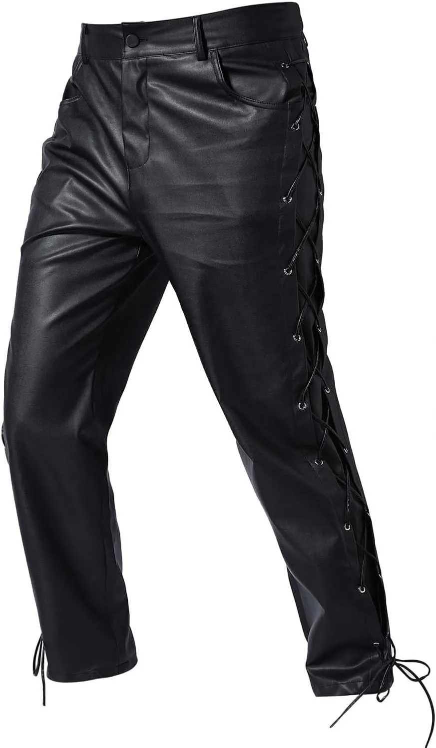 Mens Faux Leather Pants Vintage Classic Steampunk Gothic Motorcycle Pants Renaissance Lace Up 80s Outfits Streetwear