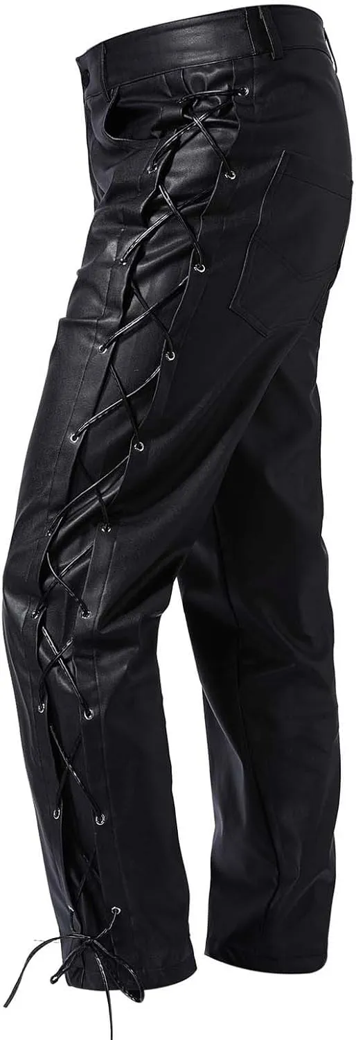 Mens Faux Leather Pants Vintage Classic Steampunk Gothic Motorcycle Pants Renaissance Lace Up 80s Outfits Streetwear