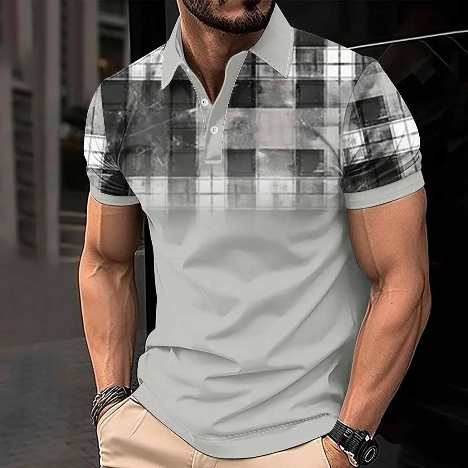 Mens Golf Shirts Short Sleeve Big and Tall Plaid Shirt for Men Button Collared Tee Shirt Moisture Wicking Tshirt for Men