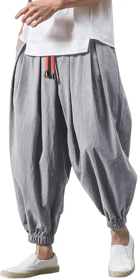 Mens Harem Pants Loose Fit Elastic Waist Drawstring Casual Trousers Drawstring Summer 2025 Cotton Linen Trousers Linen Pants Cotton Linen Harem Pants Men,Light Gray