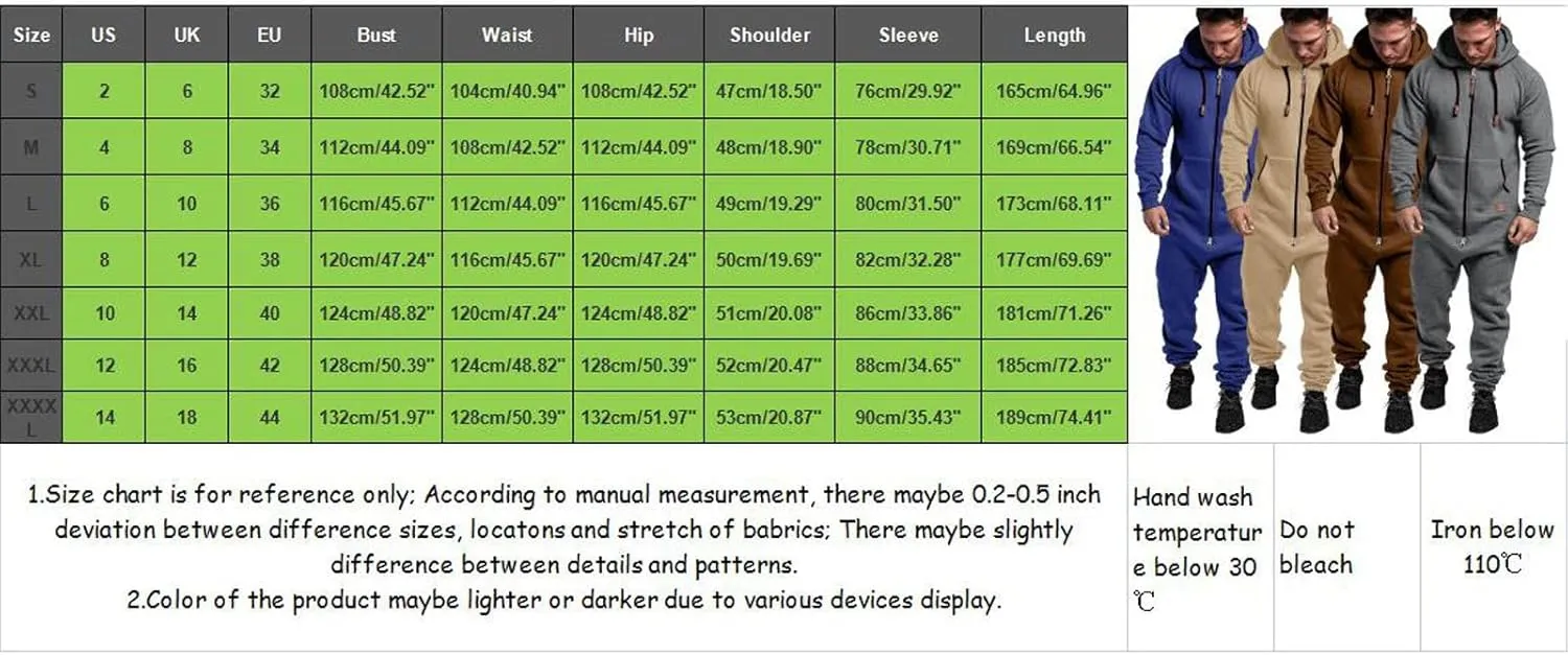 Men's Hooded Sweatsuit Jumpsuit Zip Up Onesie Pajamas Playsuit Jogger Tracksuit Overall Romper Outerwear with Pocket