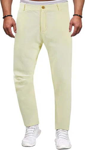 Men's Lightweight Casual Pants Button Stretch Pleated Slacks Golf Chino Pants Summer Beach Vacation Vintage Trousers
