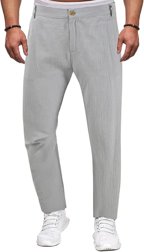 Men's Lightweight Casual Pants Button Stretch Pleated Slacks Golf Chino Pants Summer Beach Vacation Vintage Trousers