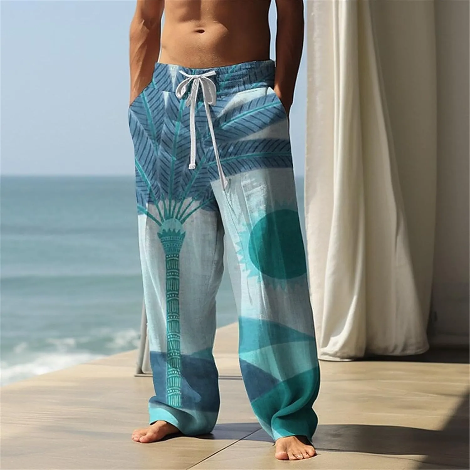 Men's Linen Beach Pants Tree Printed Drawstring Straight Leg Trousers Causal Baggy Beach Summer Pants Lightweight