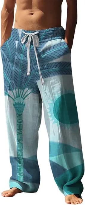 Men's Linen Beach Pants Tree Printed Drawstring Straight Leg Trousers Causal Baggy Beach Summer Pants Lightweight
