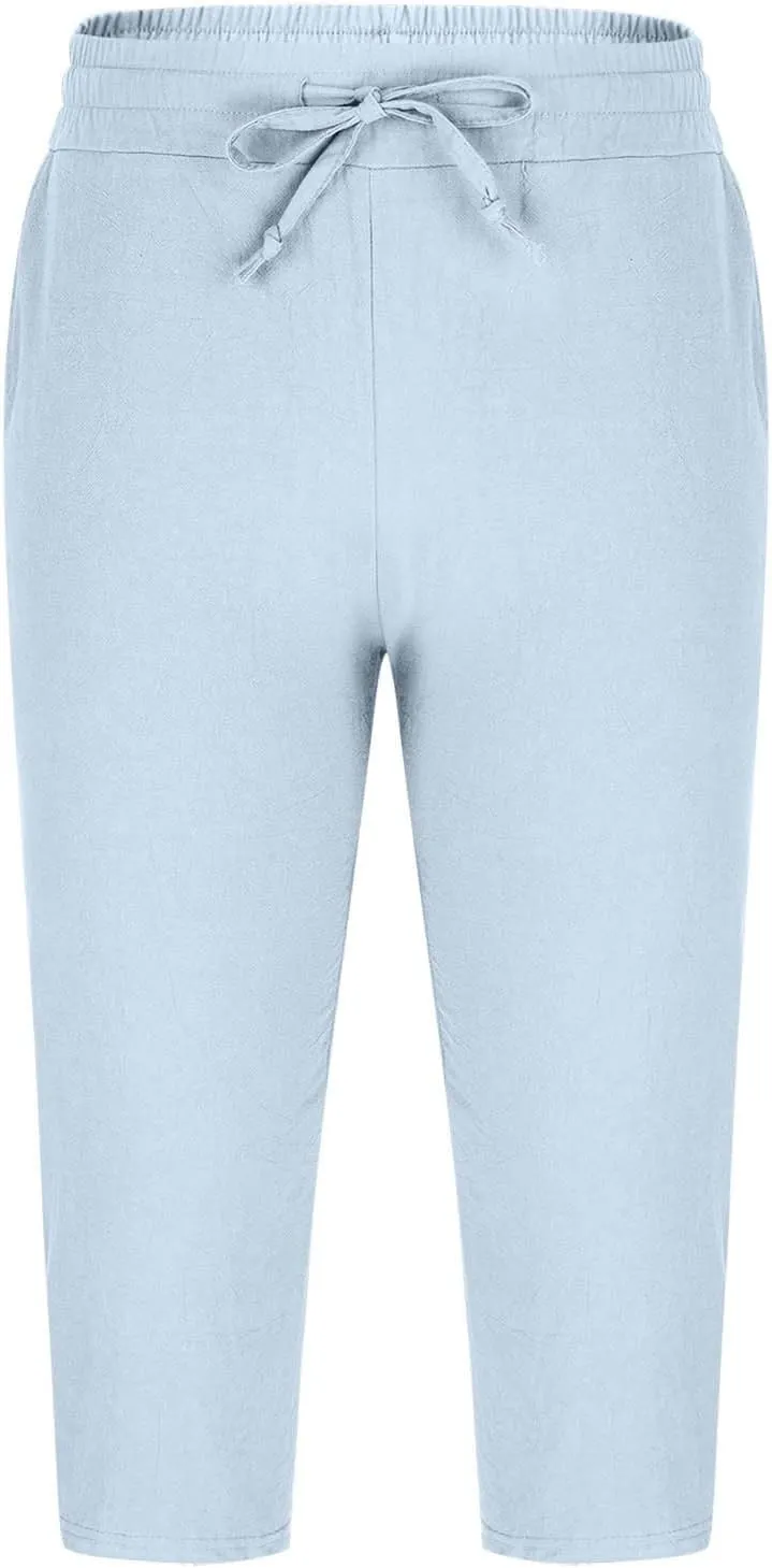 Men's Linen Cotton Capri Pants Loose Fit Elastic Waist Wide Leg Baggy Harem Pants Summer Beach Casual Crop Trousers