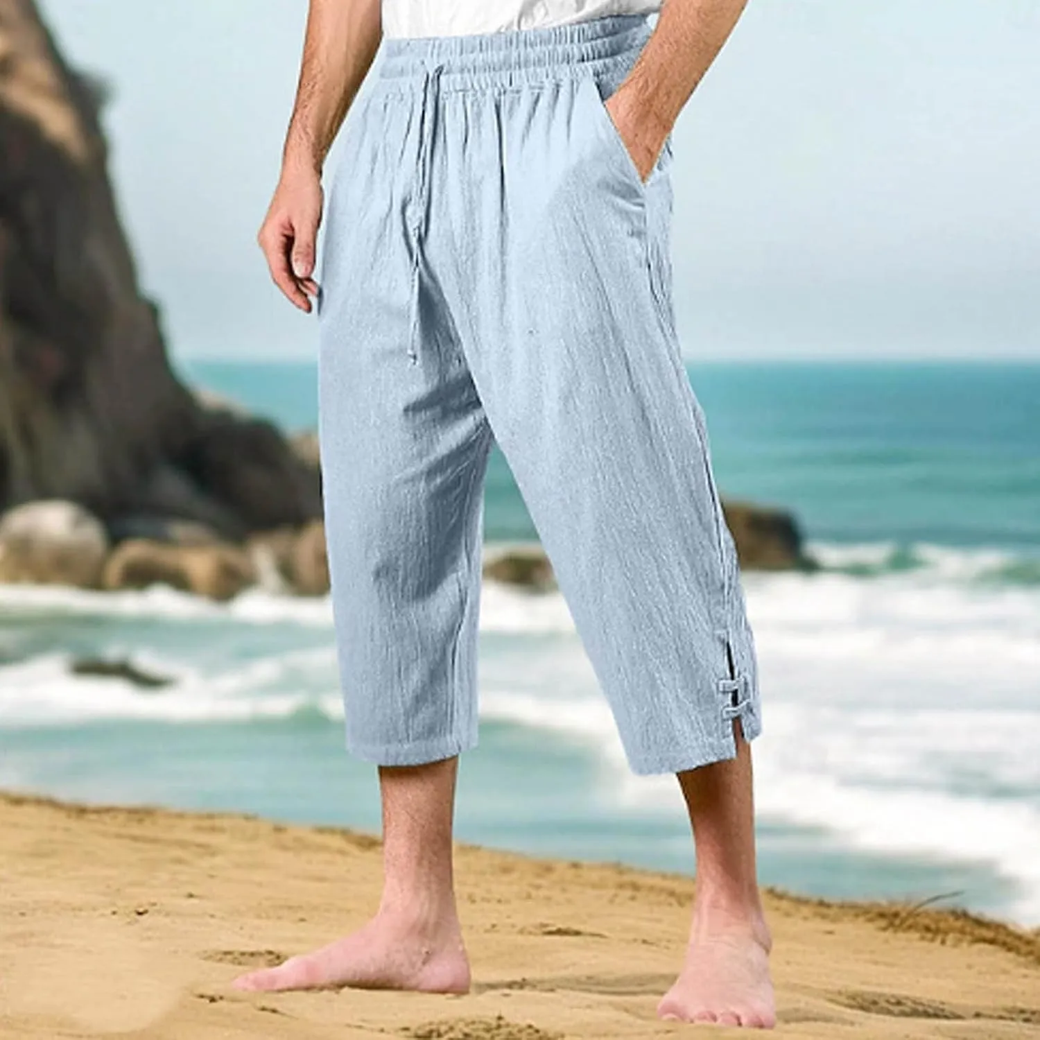 Men's Linen Cotton Capri Pants Loose Fit Elastic Waist Wide Leg Baggy Harem Pants Summer Beach Casual Crop Trousers