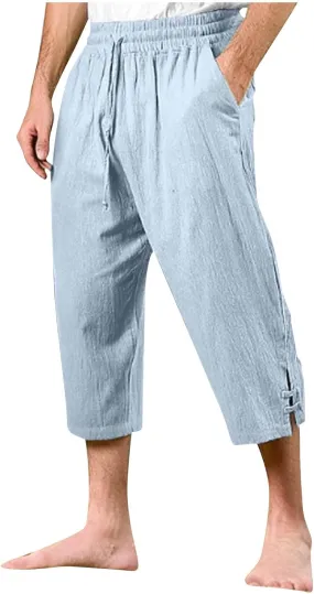 Men's Linen Cotton Capri Pants Loose Fit Elastic Waist Wide Leg Baggy Harem Pants Summer Beach Casual Crop Trousers