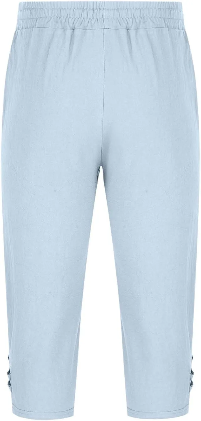 Men's Linen Cotton Capri Pants Loose Fit Elastic Waist Wide Leg Baggy Harem Pants Summer Beach Casual Crop Trousers