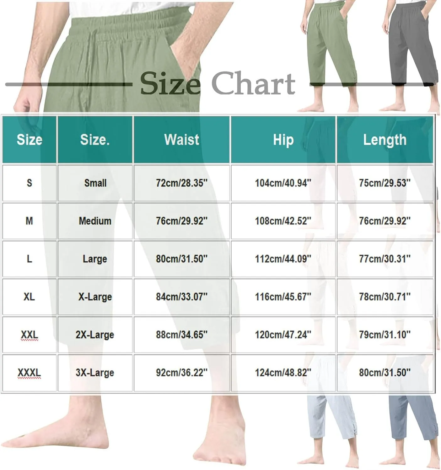 Men's Linen Cotton Capri Pants Loose Fit Elastic Waist Wide Leg Baggy Harem Pants Summer Beach Casual Crop Trousers