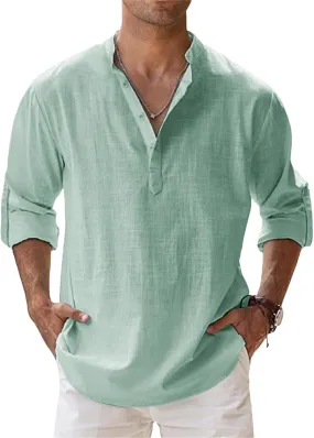 Mens Linen Cotton Henley Shirt Long Sleeve Button Down Henley Shirts Solid Band Collar for Casual Beach Wear
