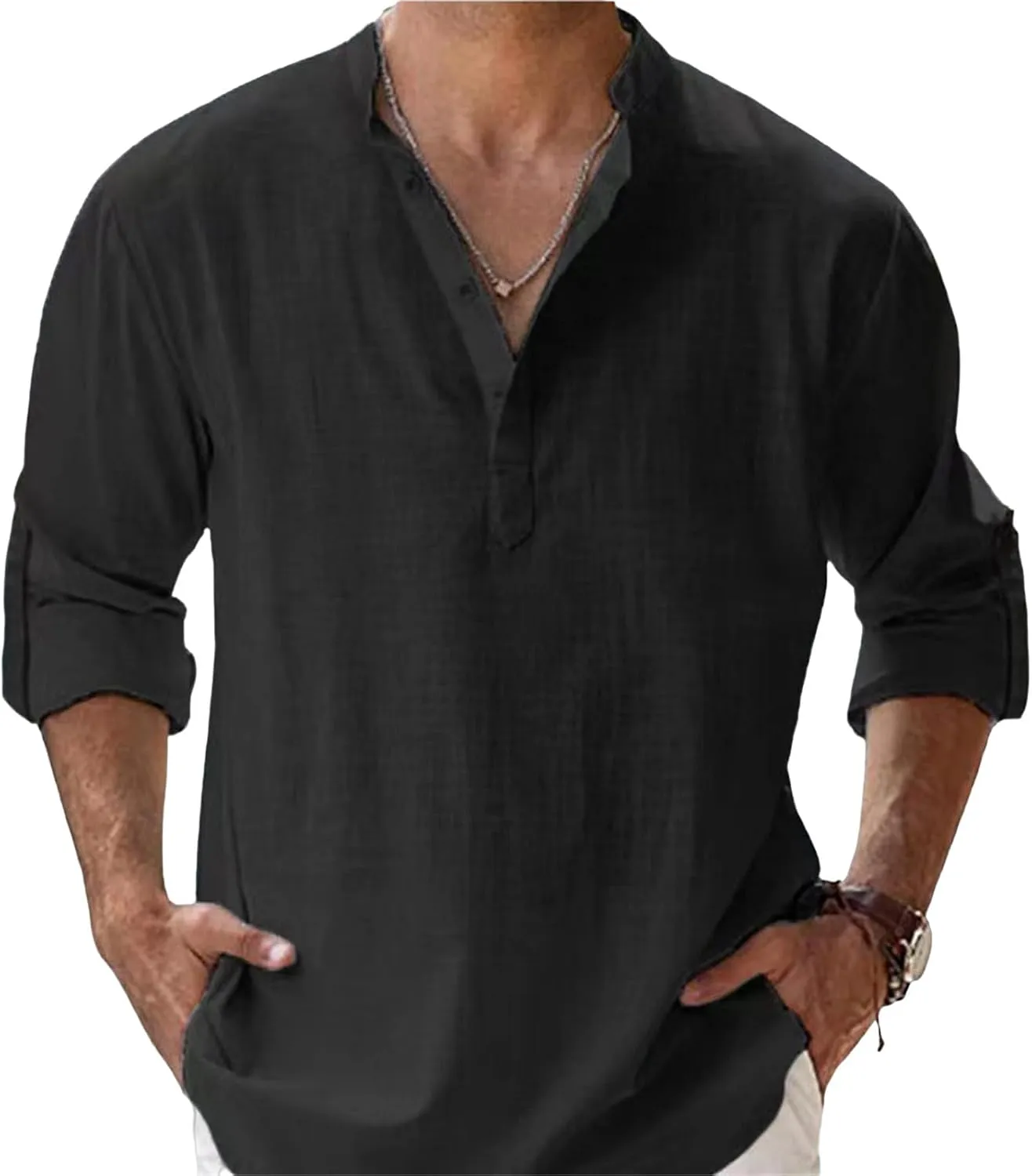 Mens Linen Cotton Henley Shirt Long Sleeve Button Down Henley Shirts Solid Band Collar for Casual Beach Wear