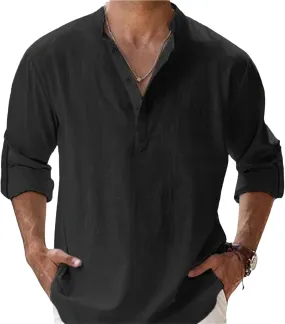 Mens Linen Cotton Henley Shirt Long Sleeve Button Down Henley Shirts Solid Band Collar for Casual Beach Wear