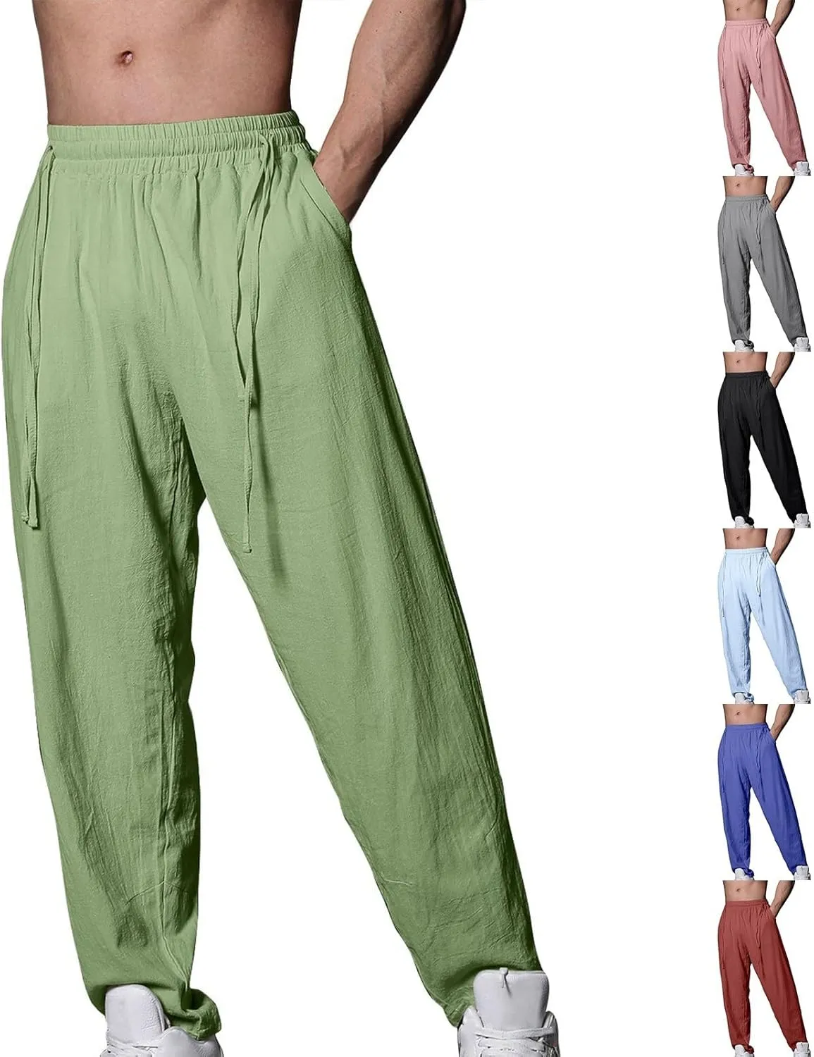 Men's Linen Drawstring Pants Summer Tapered Leg Harem Pants with Pockets Casual Baggy Lightweight Linen Trousers
