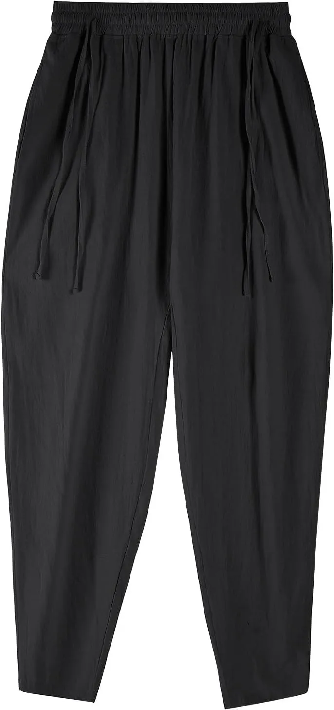 Men's Linen Drawstring Pants Summer Tapered Leg Harem Pants with Pockets Casual Baggy Lightweight Linen Trousers