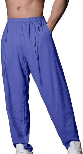 Men's Linen Drawstring Pants Summer Tapered Leg Harem Pants with Pockets Casual Baggy Lightweight Linen Trousers