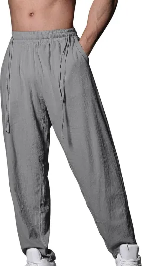 Men's Linen Drawstring Pants Summer Tapered Leg Harem Pants with Pockets Casual Baggy Lightweight Linen Trousers