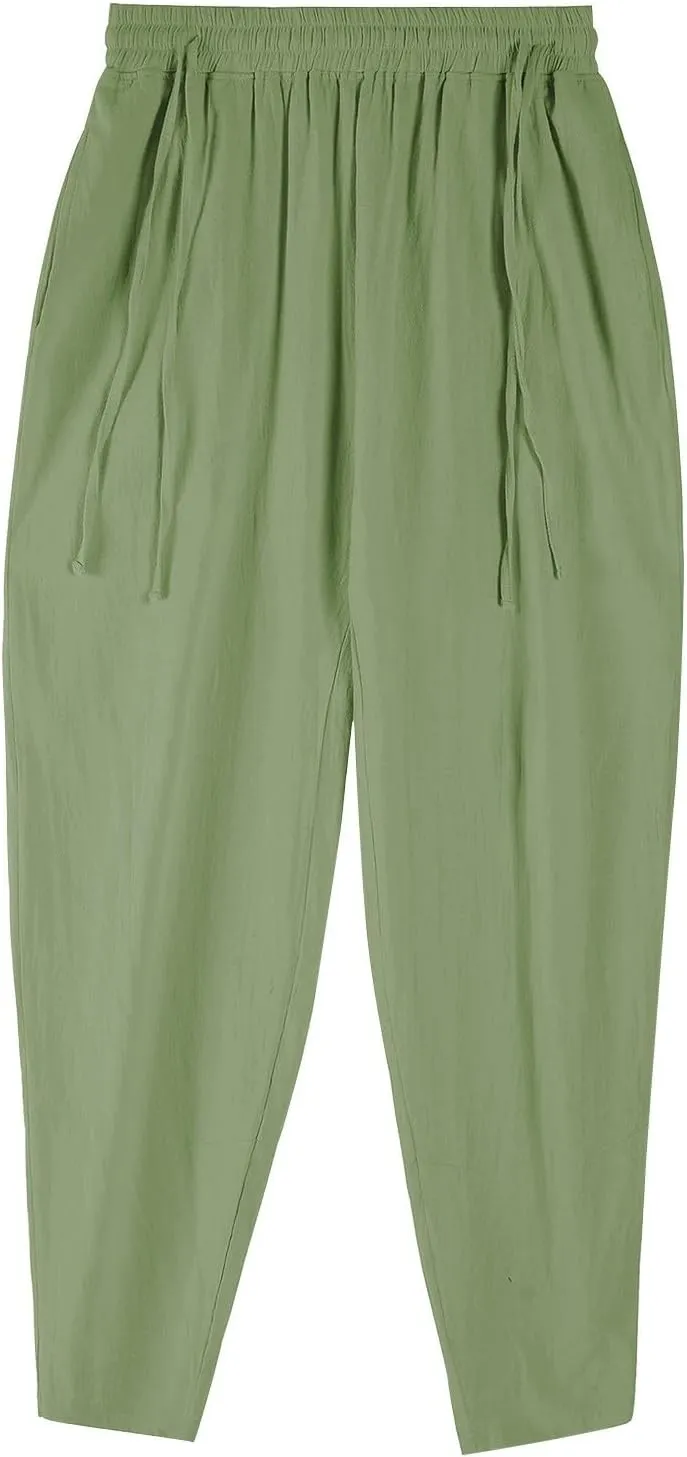 Men's Linen Drawstring Pants Summer Tapered Leg Harem Pants with Pockets Casual Baggy Lightweight Linen Trousers