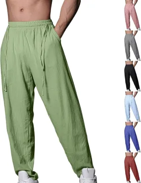 Men's Linen Drawstring Pants Summer Tapered Leg Harem Pants with Pockets Casual Baggy Lightweight Linen Trousers