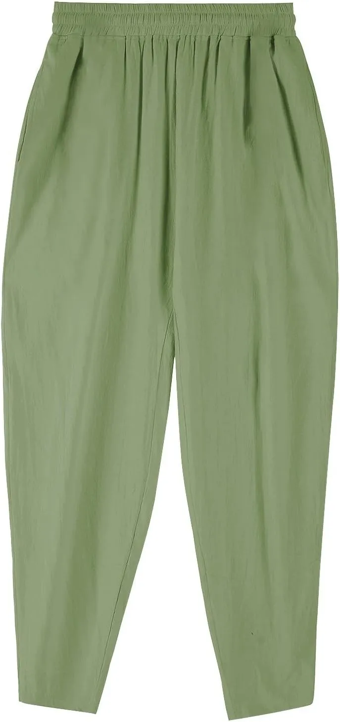Men's Linen Drawstring Pants Summer Tapered Leg Harem Pants with Pockets Casual Baggy Lightweight Linen Trousers