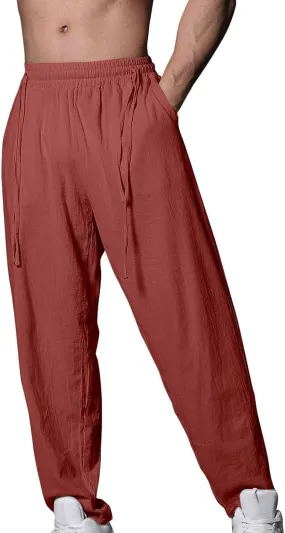 Men's Linen Drawstring Pants Summer Tapered Leg Harem Pants with Pockets Casual Baggy Lightweight Linen Trousers