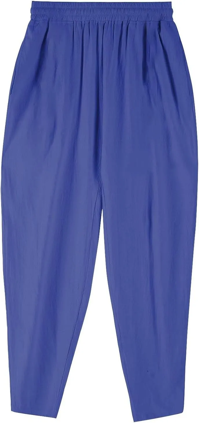 Men's Linen Drawstring Pants Summer Tapered Leg Harem Pants with Pockets Casual Baggy Lightweight Linen Trousers