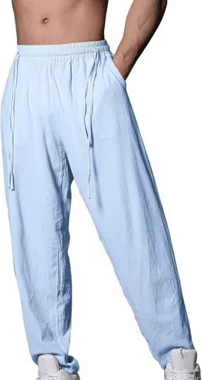 Men's Linen Drawstring Pants Summer Tapered Leg Harem Pants with Pockets Casual Baggy Lightweight Linen Trousers