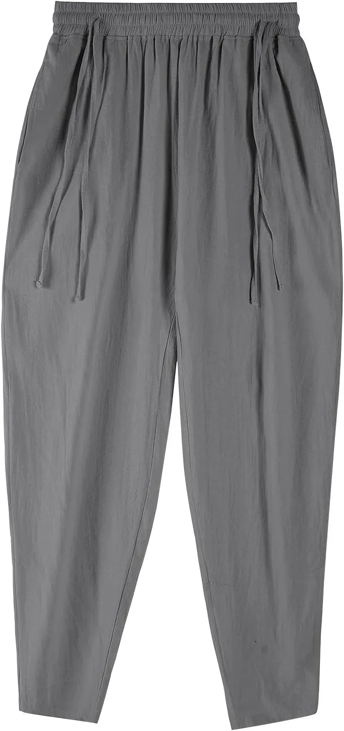 Men's Linen Drawstring Pants Summer Tapered Leg Harem Pants with Pockets Casual Baggy Lightweight Linen Trousers