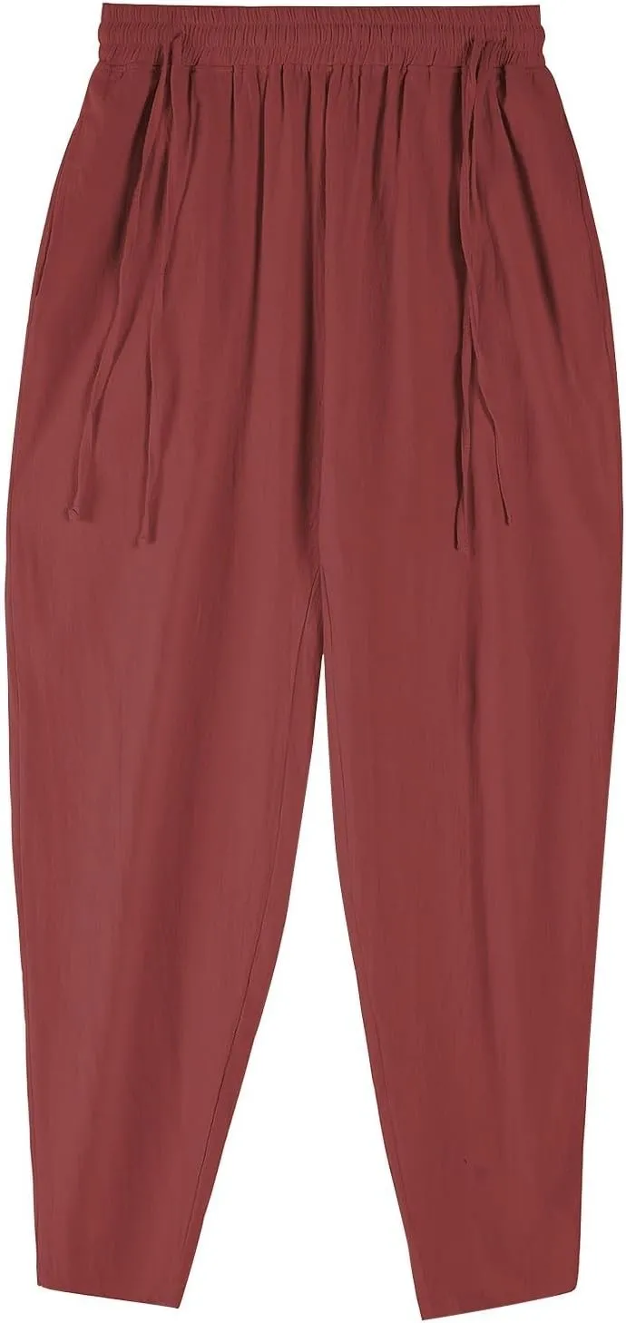 Men's Linen Drawstring Pants Summer Tapered Leg Harem Pants with Pockets Casual Baggy Lightweight Linen Trousers
