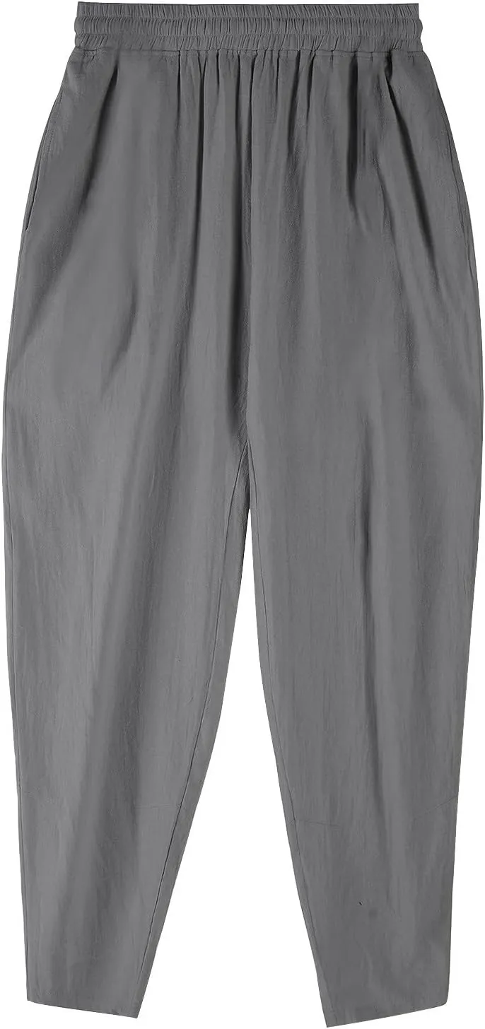 Men's Linen Drawstring Pants Summer Tapered Leg Harem Pants with Pockets Casual Baggy Lightweight Linen Trousers