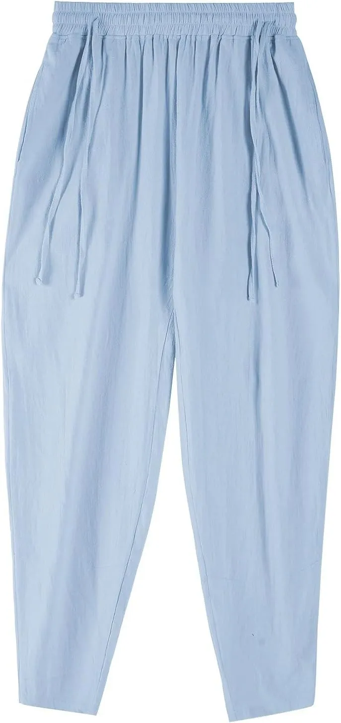 Men's Linen Drawstring Pants Summer Tapered Leg Harem Pants with Pockets Casual Baggy Lightweight Linen Trousers