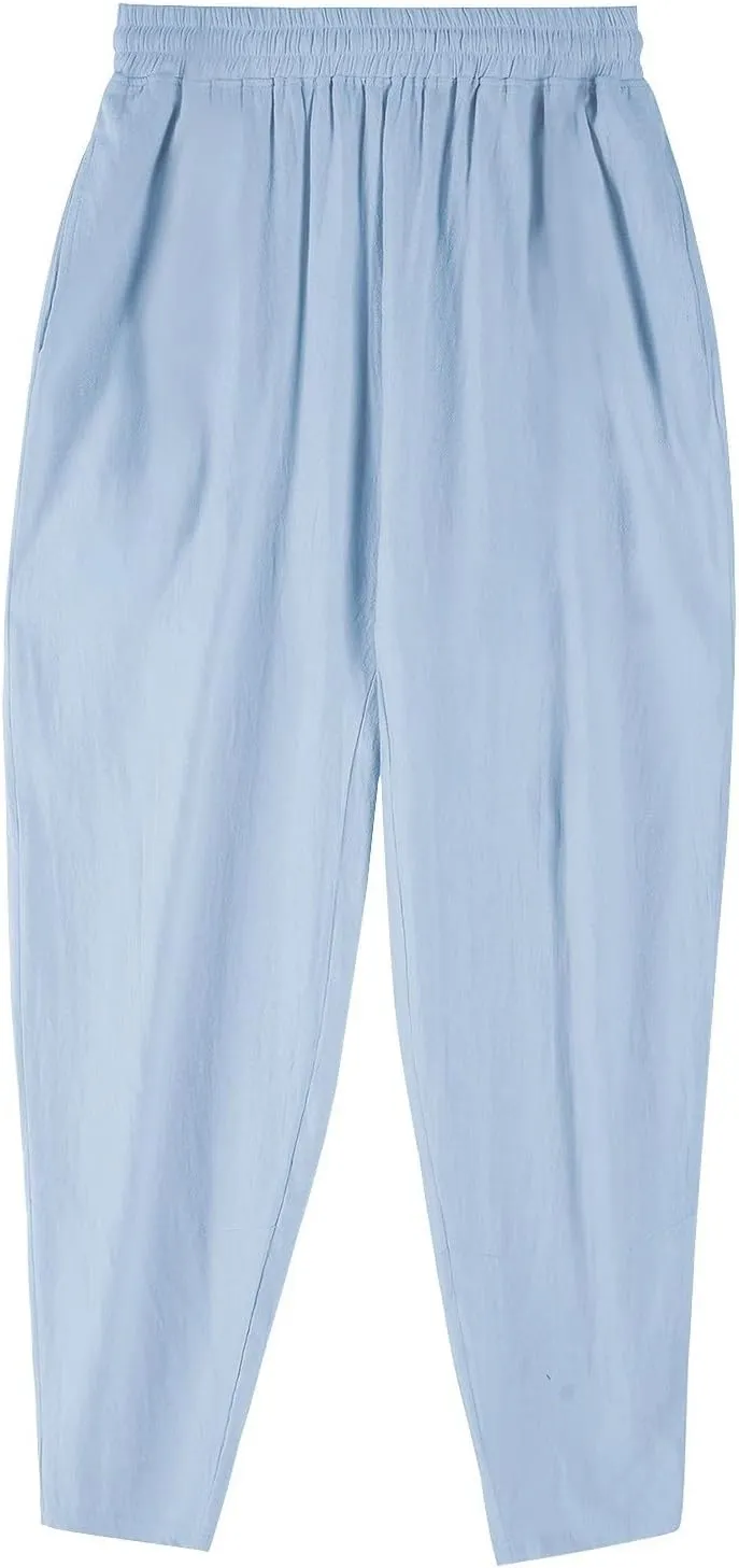 Men's Linen Drawstring Pants Summer Tapered Leg Harem Pants with Pockets Casual Baggy Lightweight Linen Trousers