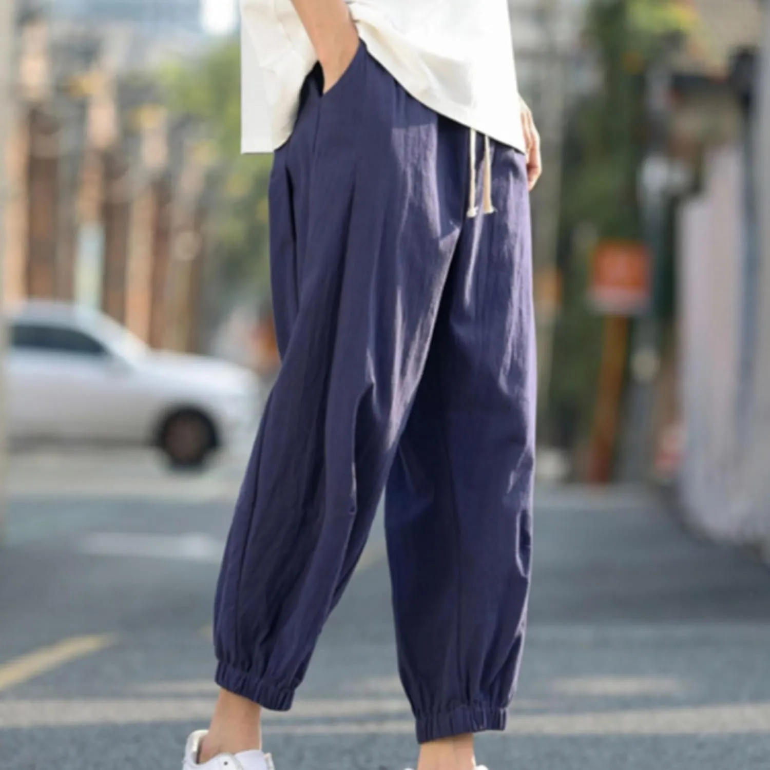 Mens Linen Pants Baggy Jogger Pants Drawstring Ankle Pants Casual Tapered Pants Summer Beach Pants Vacation Pants