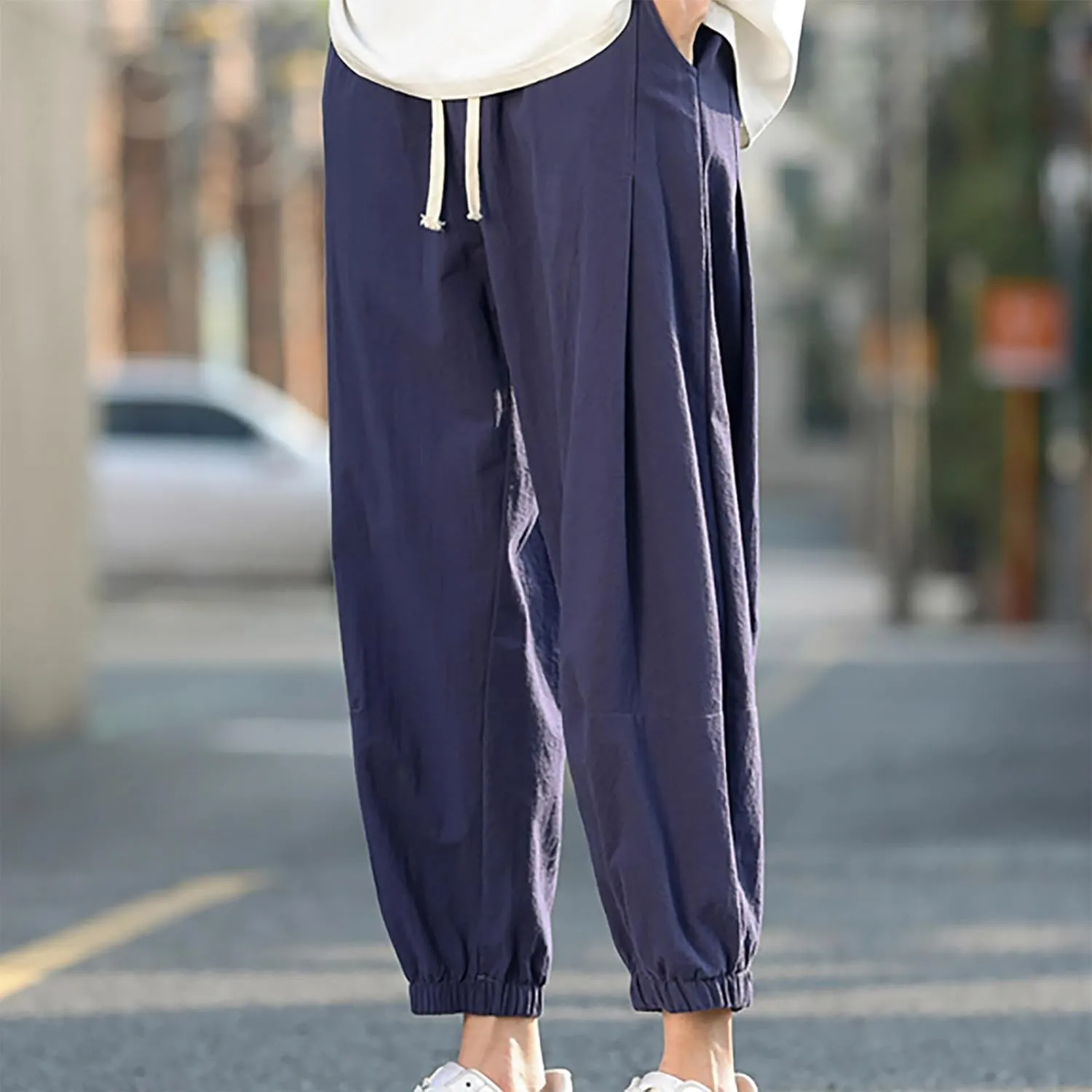 Mens Linen Pants Baggy Jogger Pants Drawstring Ankle Pants Casual Tapered Pants Summer Beach Pants Vacation Pants