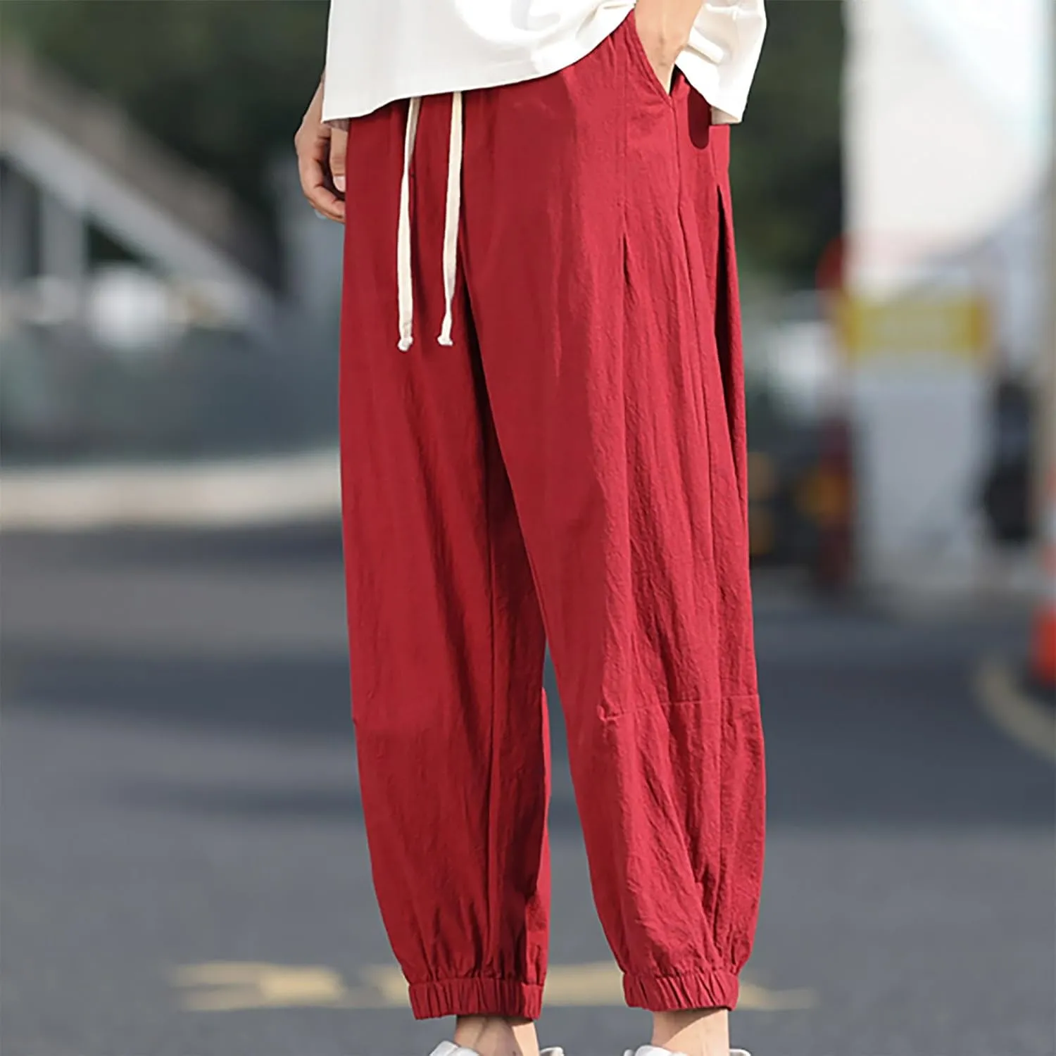 Mens Linen Pants Baggy Jogger Pants Drawstring Ankle Pants Casual Tapered Pants Summer Beach Pants Vacation Pants