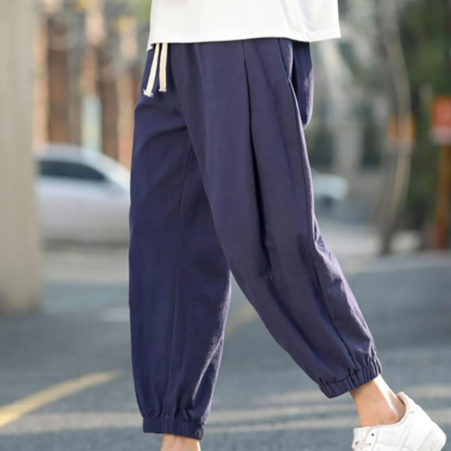 Mens Linen Pants Baggy Jogger Pants Drawstring Ankle Pants Casual Tapered Pants Summer Beach Pants Vacation Pants