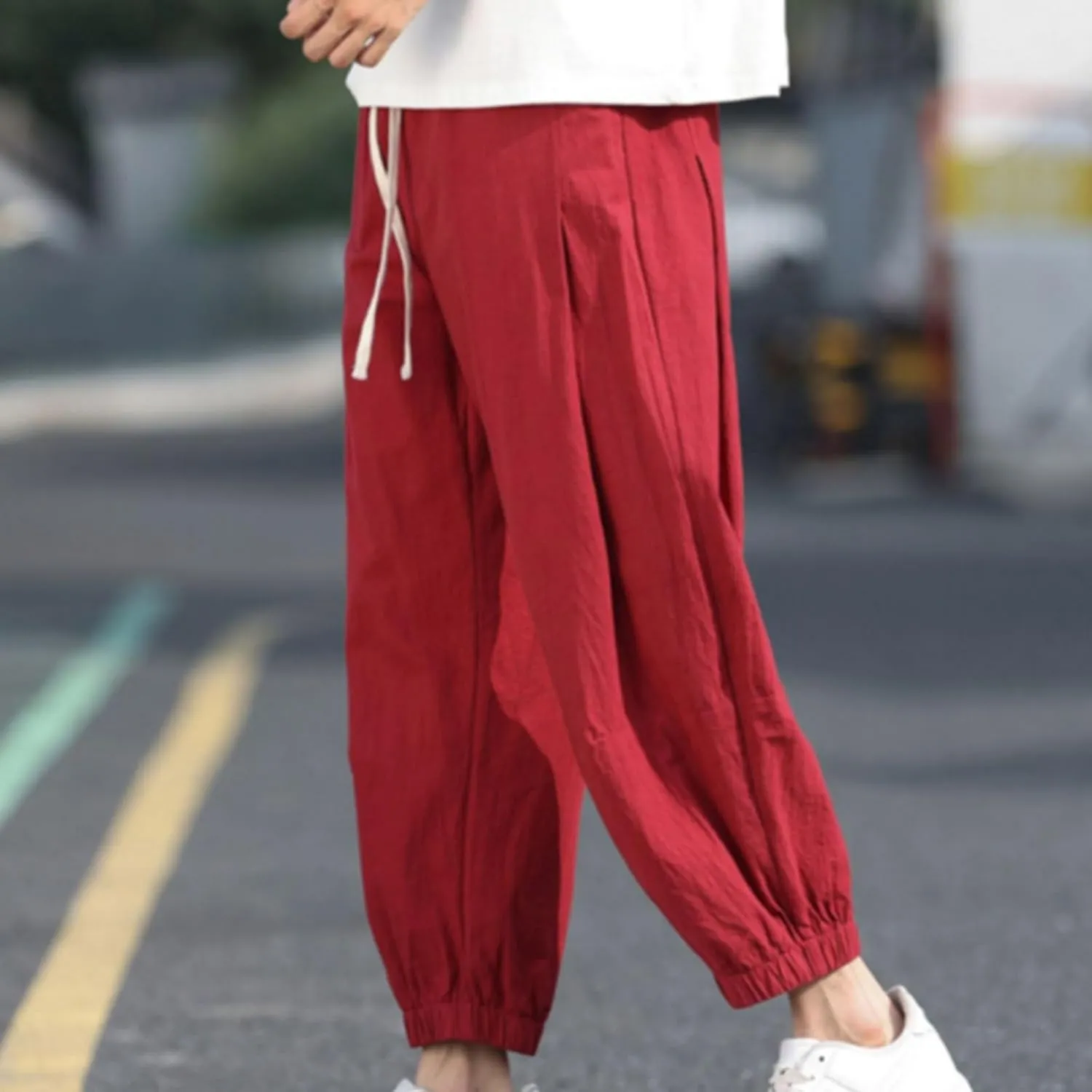 Mens Linen Pants Baggy Jogger Pants Drawstring Ankle Pants Casual Tapered Pants Summer Beach Pants Vacation Pants