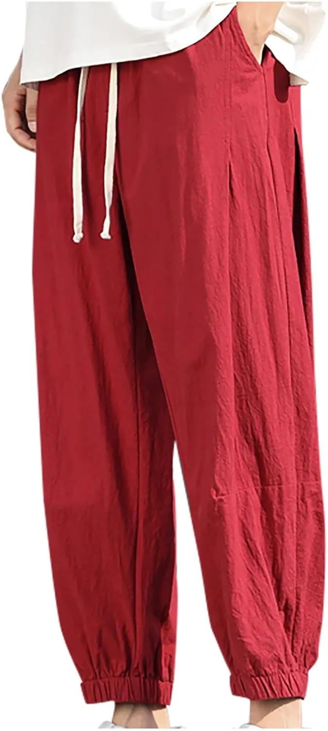 Mens Linen Pants Baggy Jogger Pants Drawstring Ankle Pants Casual Tapered Pants Summer Beach Pants Vacation Pants