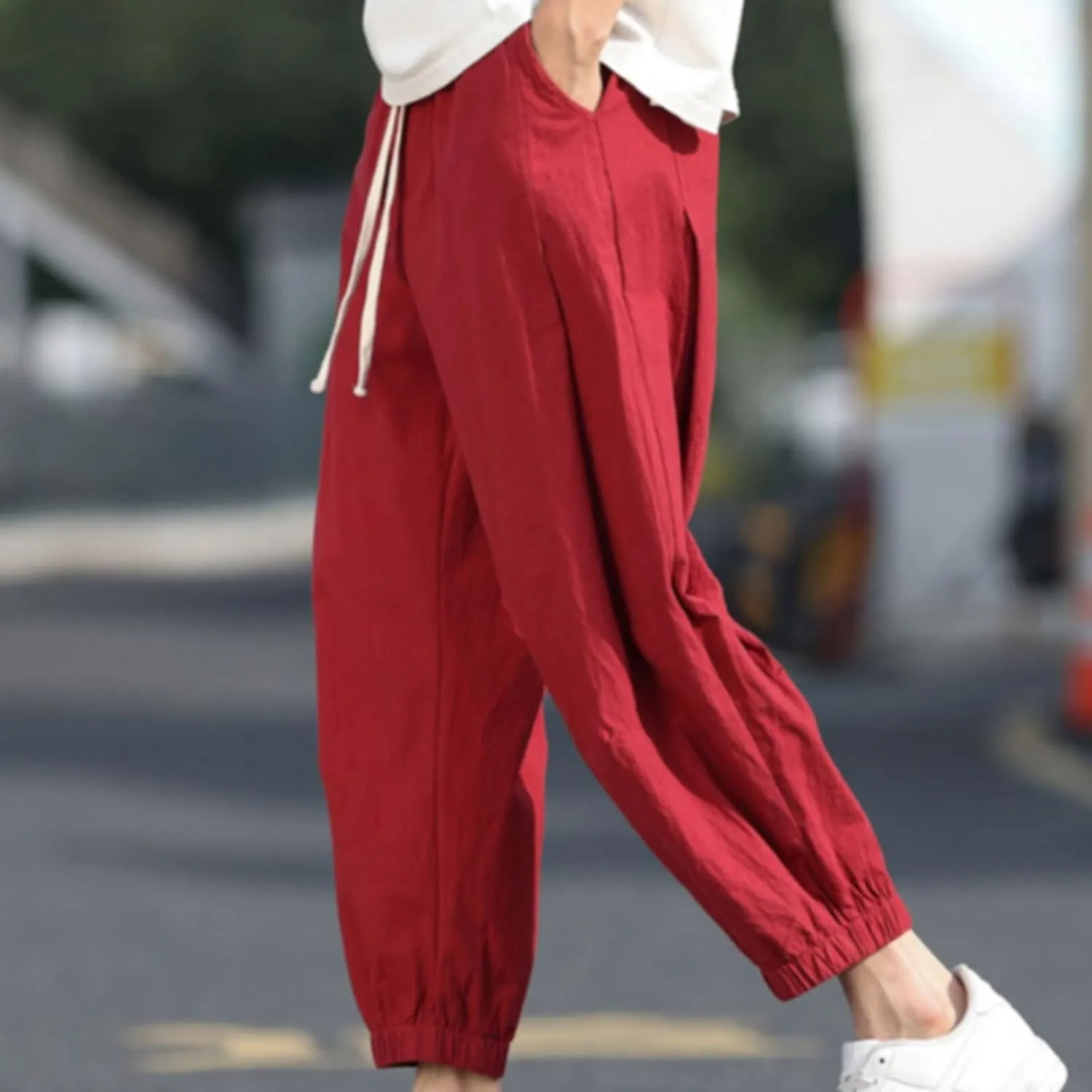 Mens Linen Pants Baggy Jogger Pants Drawstring Ankle Pants Casual Tapered Pants Summer Beach Pants Vacation Pants