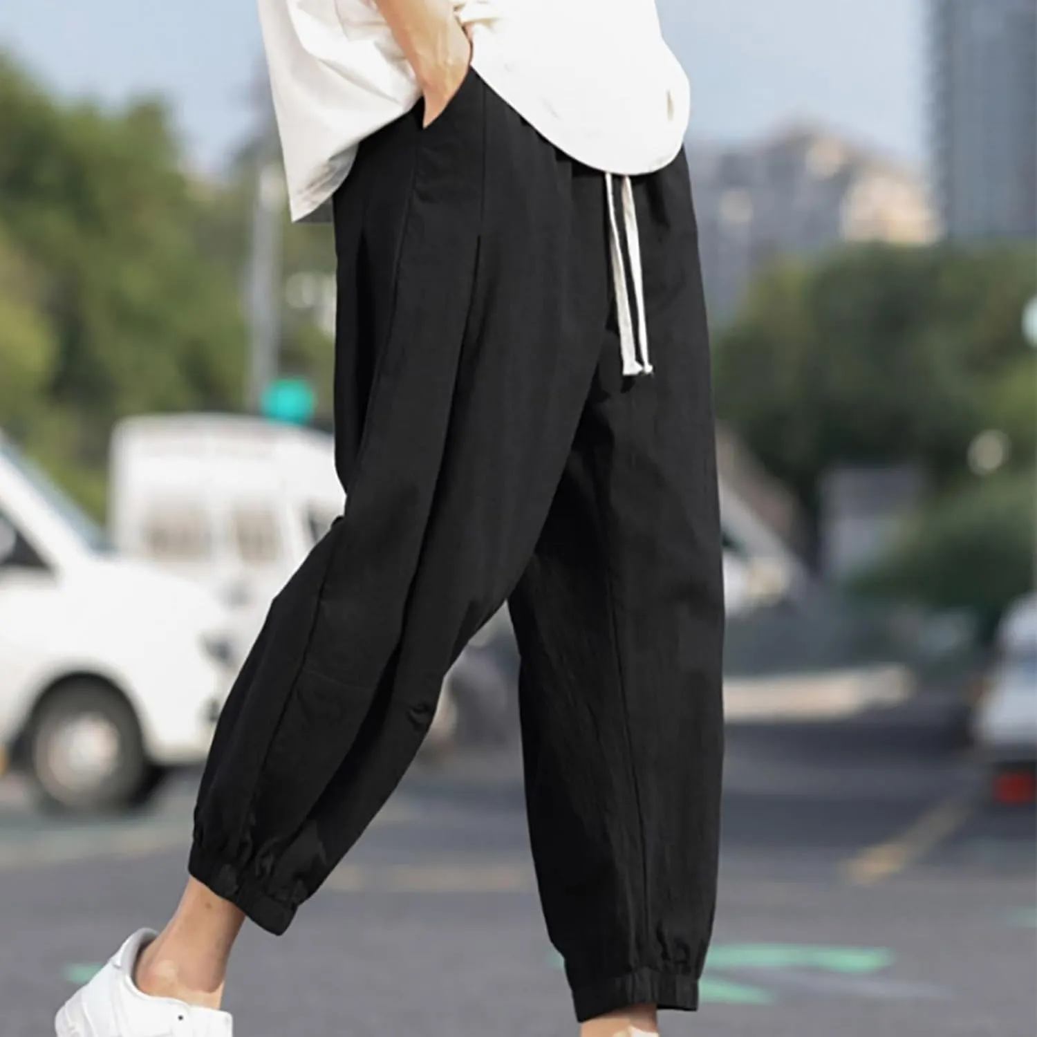 Mens Linen Pants Baggy Jogger Pants Drawstring Ankle Pants Casual Tapered Pants Summer Beach Pants Vacation Pants