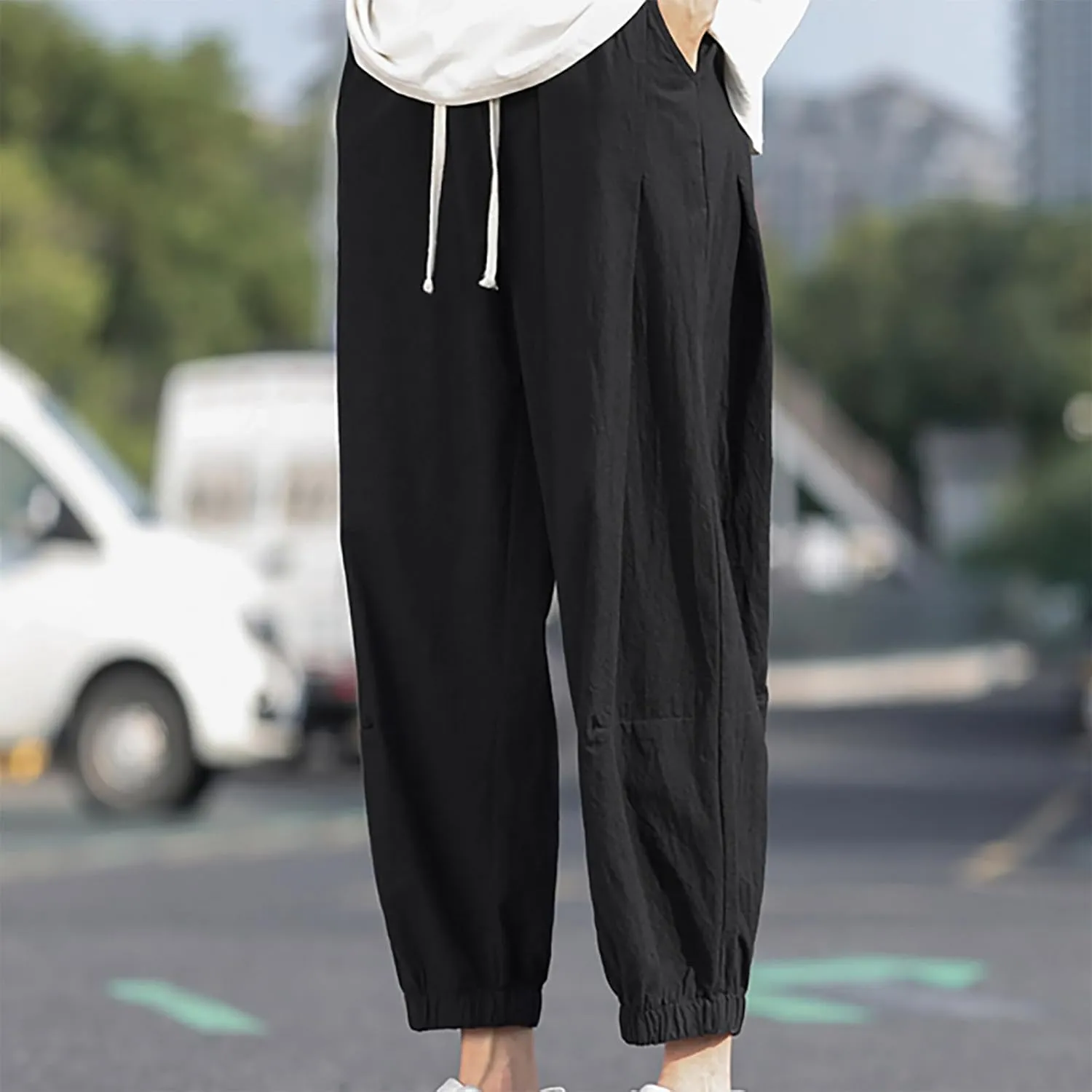 Mens Linen Pants Baggy Jogger Pants Drawstring Ankle Pants Casual Tapered Pants Summer Beach Pants Vacation Pants