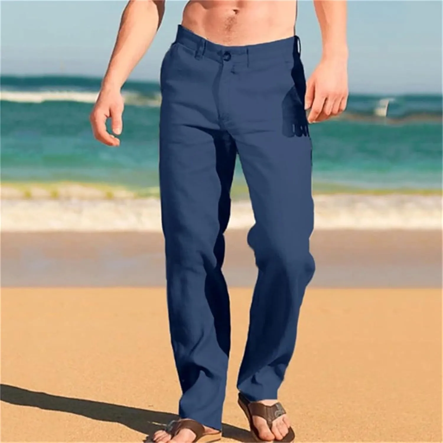 Mens Linen Pants Casual Classic Flat Front Chino Pants Casual Lightweight Straight Leg Summer Beach Trousers