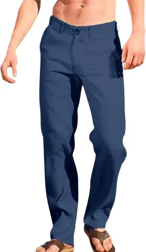 Mens Linen Pants Casual Classic Flat Front Chino Pants Casual Lightweight Straight Leg Summer Beach Trousers