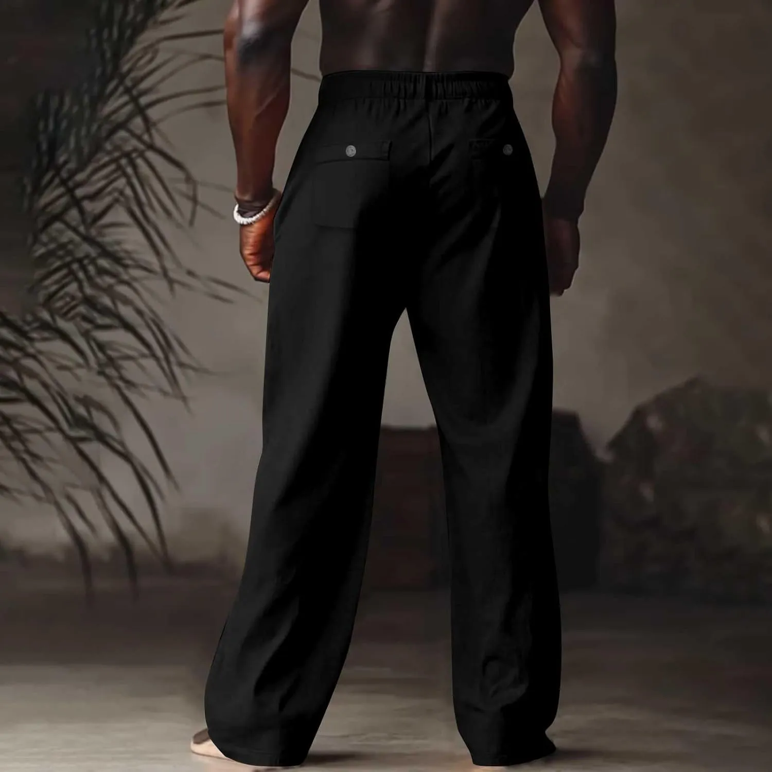 Mens Linen Pants Casual Drawstring Elastic Waist Yoga Pant Summer Lightweight Baggy Straight Leg Beach Loose Trousers